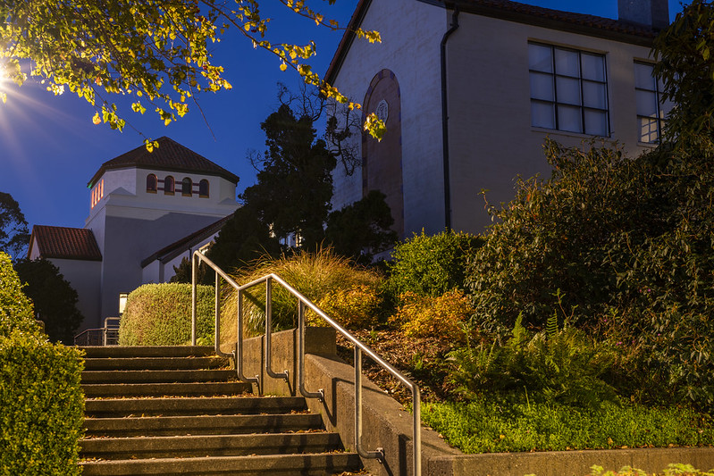 pictured is climate resilient landscape outside of Founders Hall, featuring native plants.