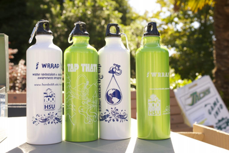 four reusable water bottles lined up on a ledge