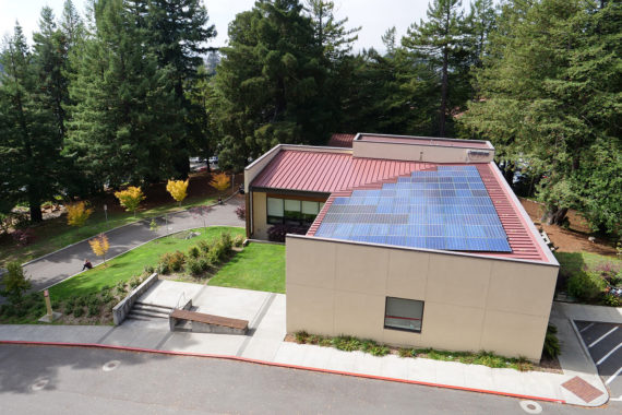 aerial view of the Schatz Center with PV array on the roof
