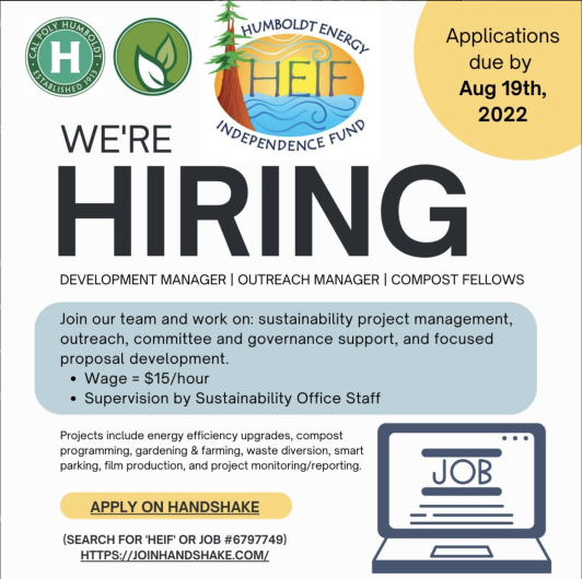 A flyer describing the details of three positions (Development/Outreach managers, compost fellows) for hire starting at $15/hour. 