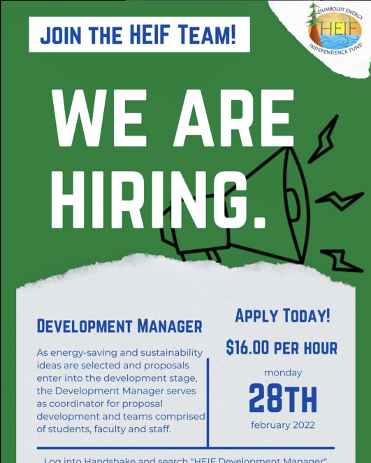 Green flyer with a speakerphone saying in all caps, &quot;WE ARE HIRING&quot;. Beneath is a torn piece of paper describing the details of the development manager position, paying $16/hour. Application is due April 28th, 2022