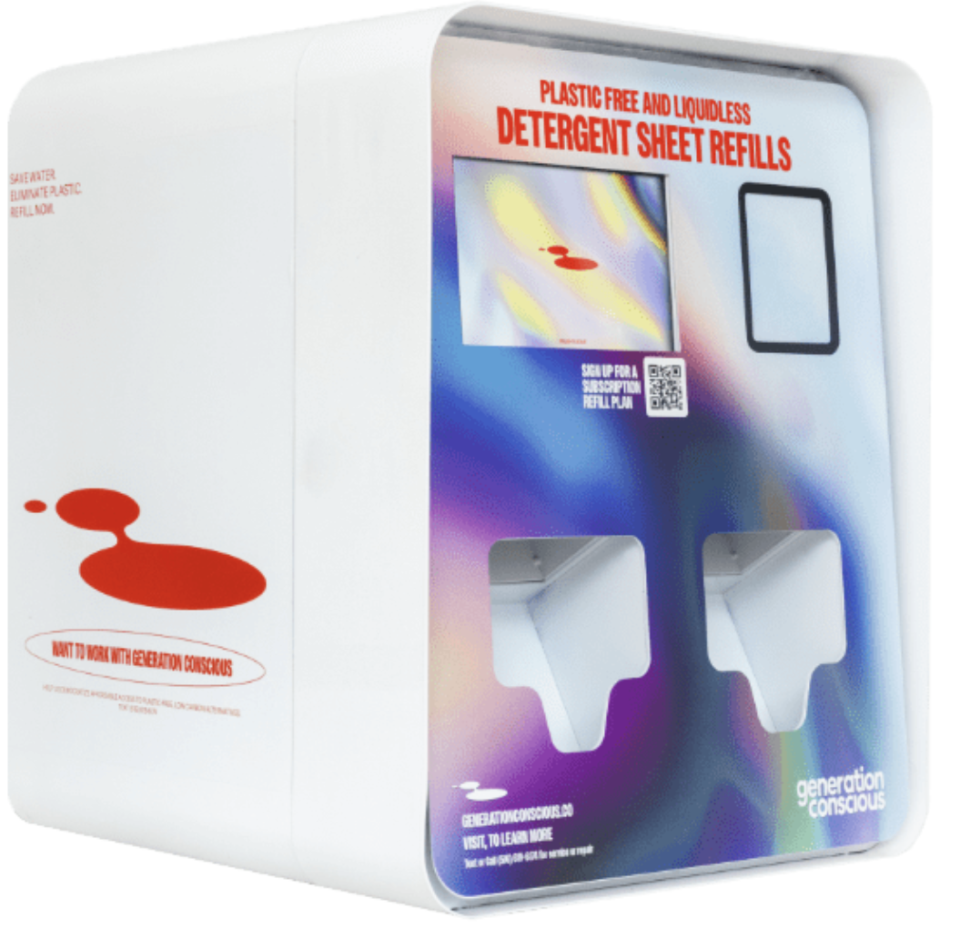 Pictured is an example of a Generation Conscious refill station, cuboidal in shape with a tie dye front